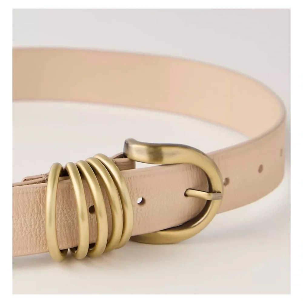 Free People Pale Nude Leather Belt with Stacked Antique Gold Rings